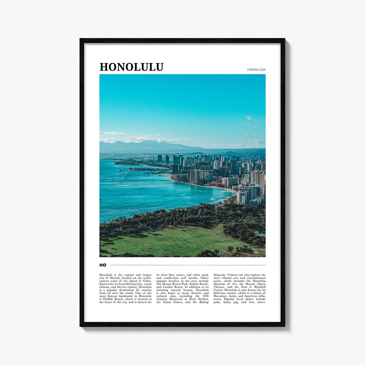 Honolulu colorful travel poster of Hawaii, USA – vertical wall art, unframed print shown in interior mockup