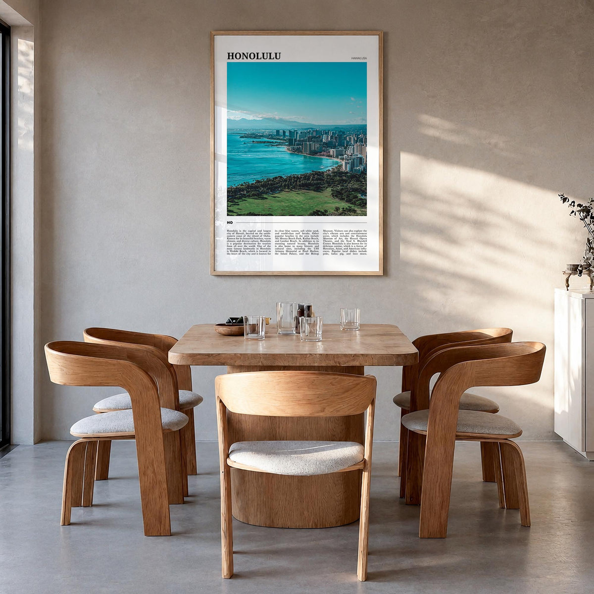 Honolulu colorful travel poster of Hawaii, USA – vertical wall art in natural wood frame, hanging on wall