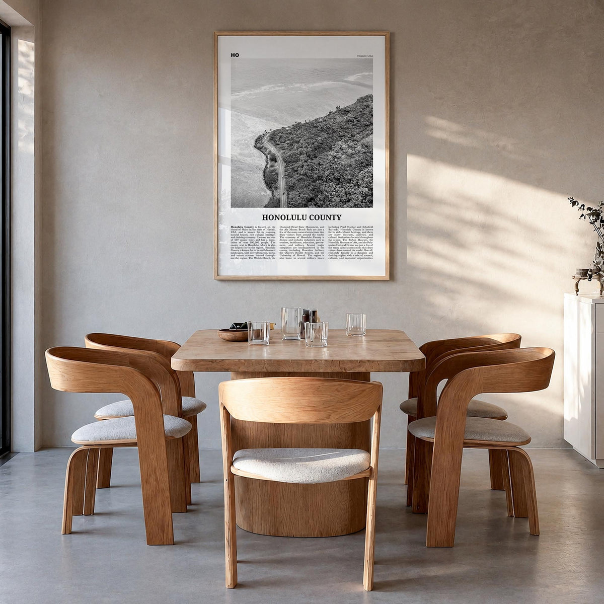 Honolulu County black & white newspaper poster of Hawaii, USA – vertical wall art in natural wood frame, hanging on wall