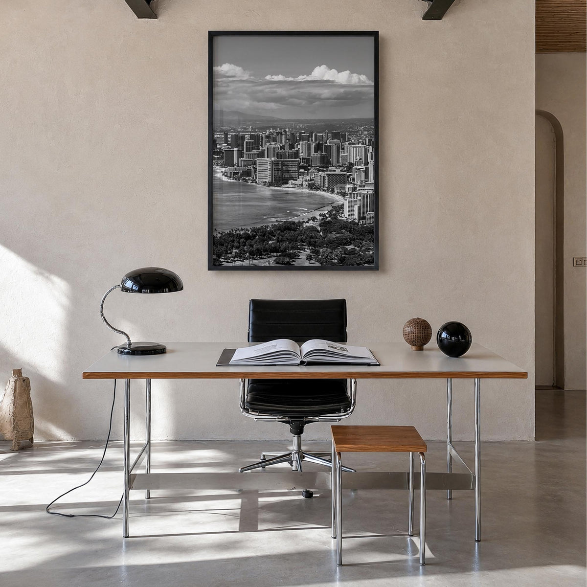 Honolulu no. 2 black & white photo poster of Hawaii, USA – vertical wall art in black wood frame, hanging on wall