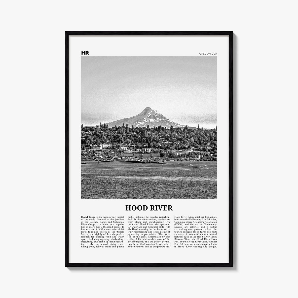 Hood River black & white newspaper poster of Oregon, USA – vertical wall art, unframed print shown in interior mockup