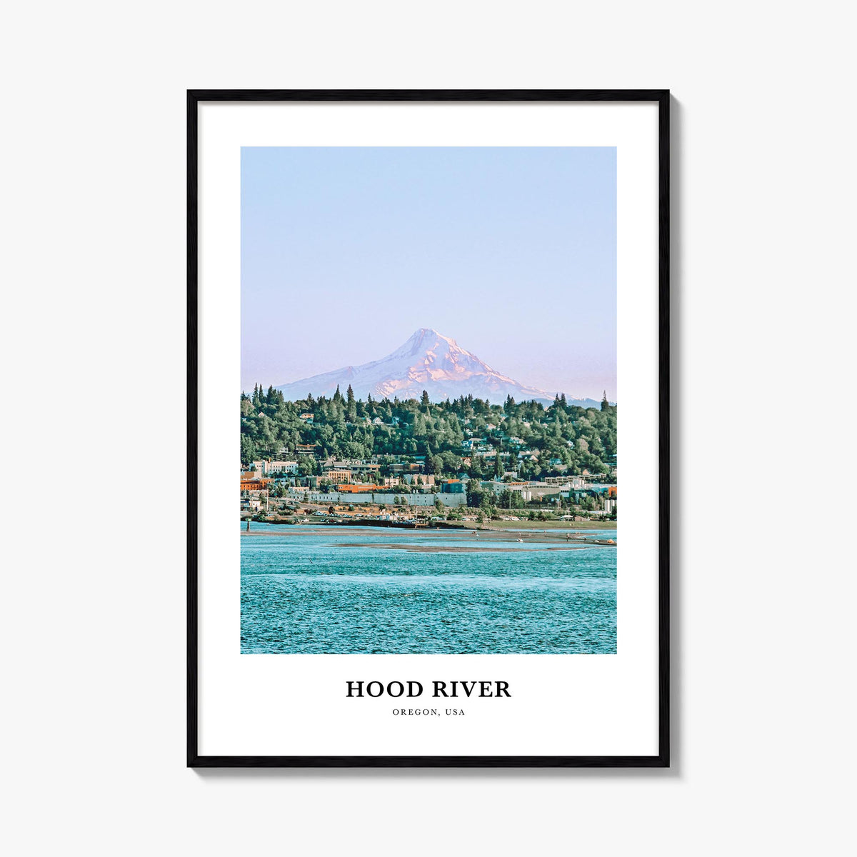 Hood River colorful classic poster of Oregon, USA – vertical wall art, unframed print shown in interior mockup
