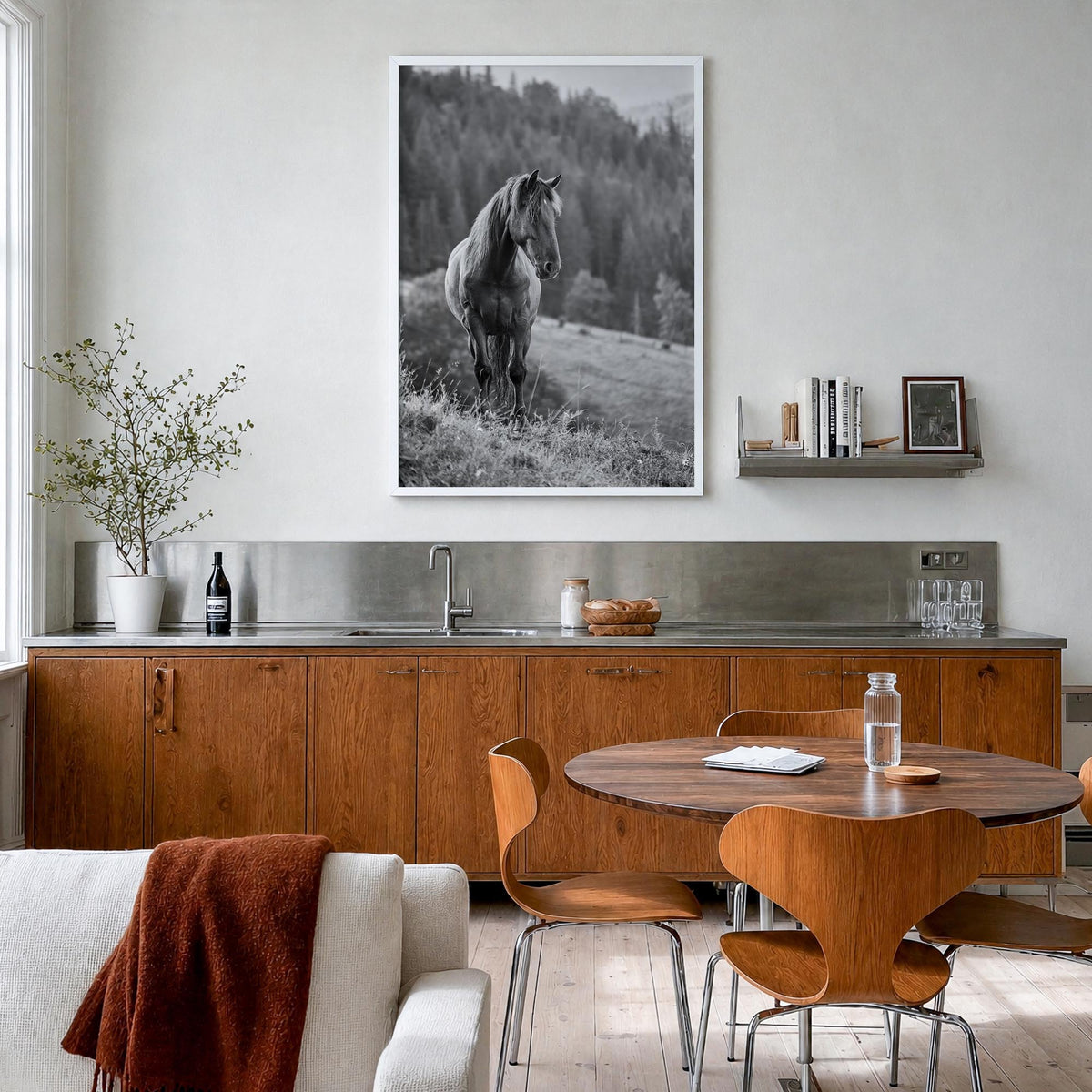 Horse no. 1 black & white photo poster – vertical wall art in white wood frame, hanging on wall