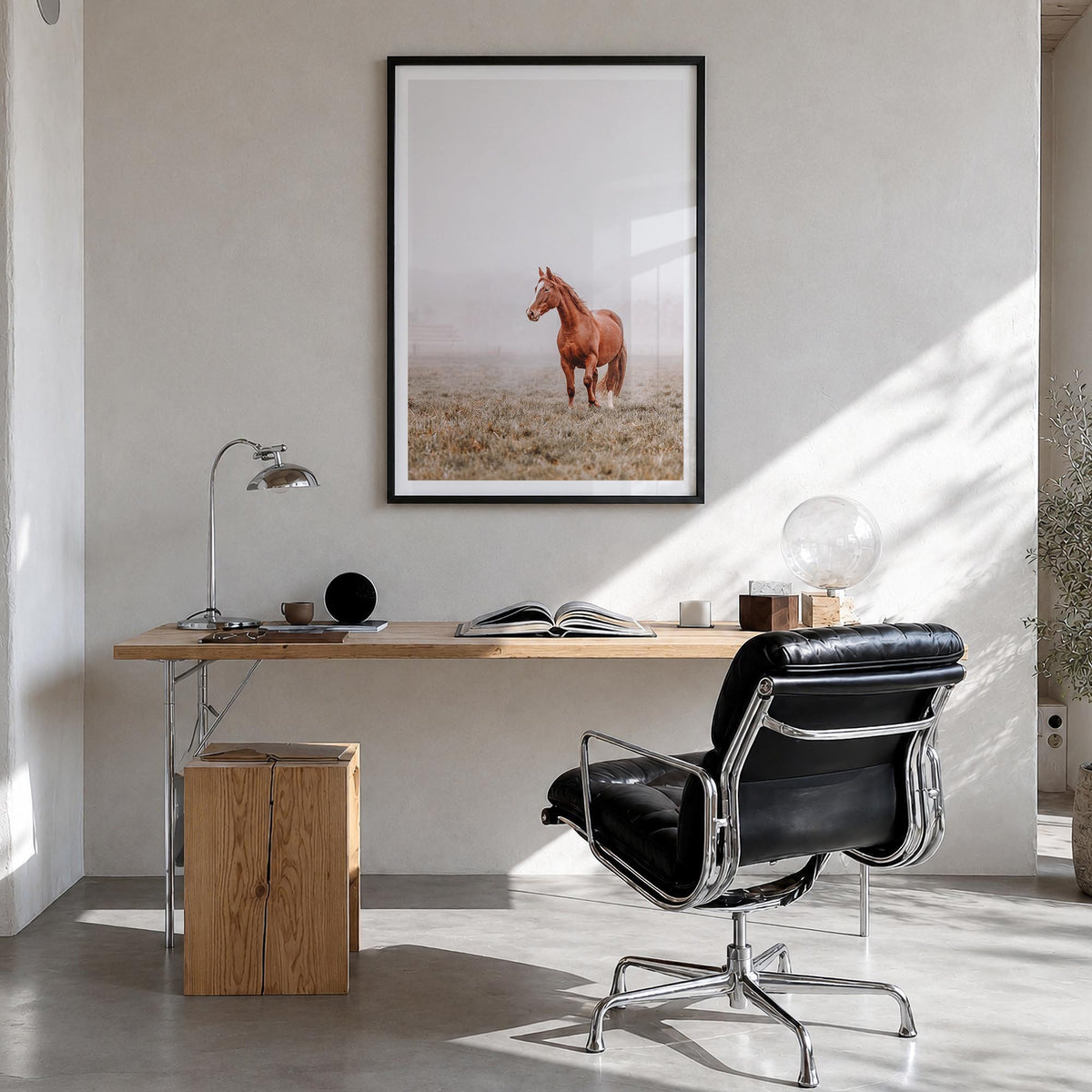 Horse no. 1 colorful photo poster – vertical wall art in black wood frame with white border, hanging on wall