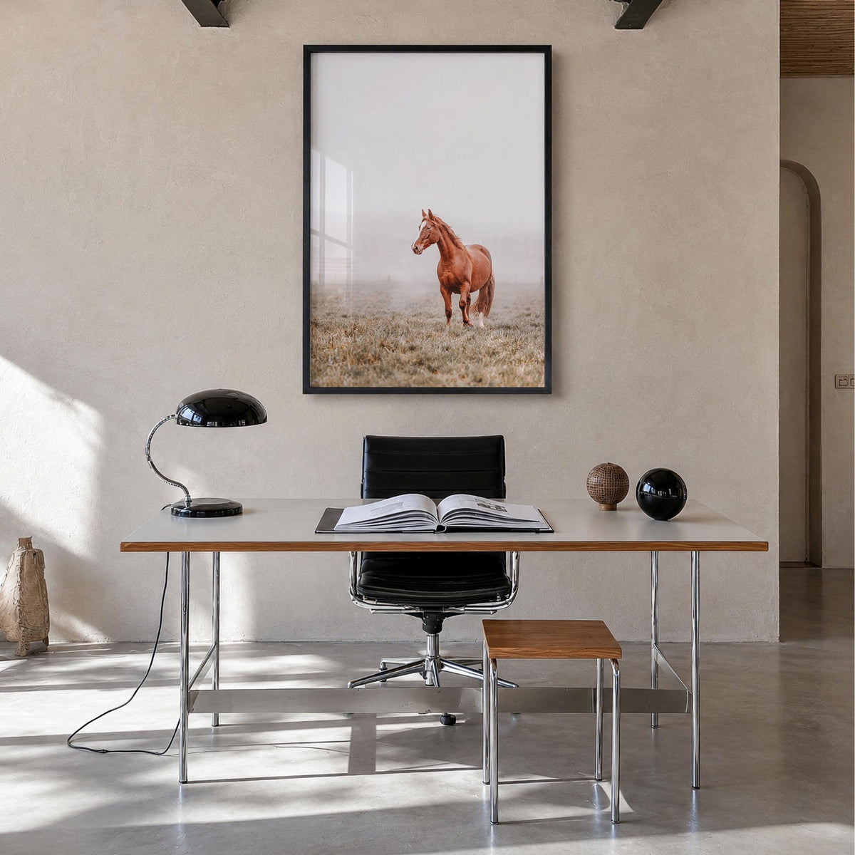 Horse no. 1 colorful photo poster – vertical wall art in black wood frame, hanging on wall