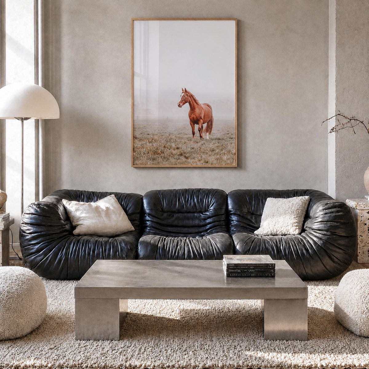 Horse no. 1 colorful photo poster – vertical wall art in natural wood frame, hanging on wall