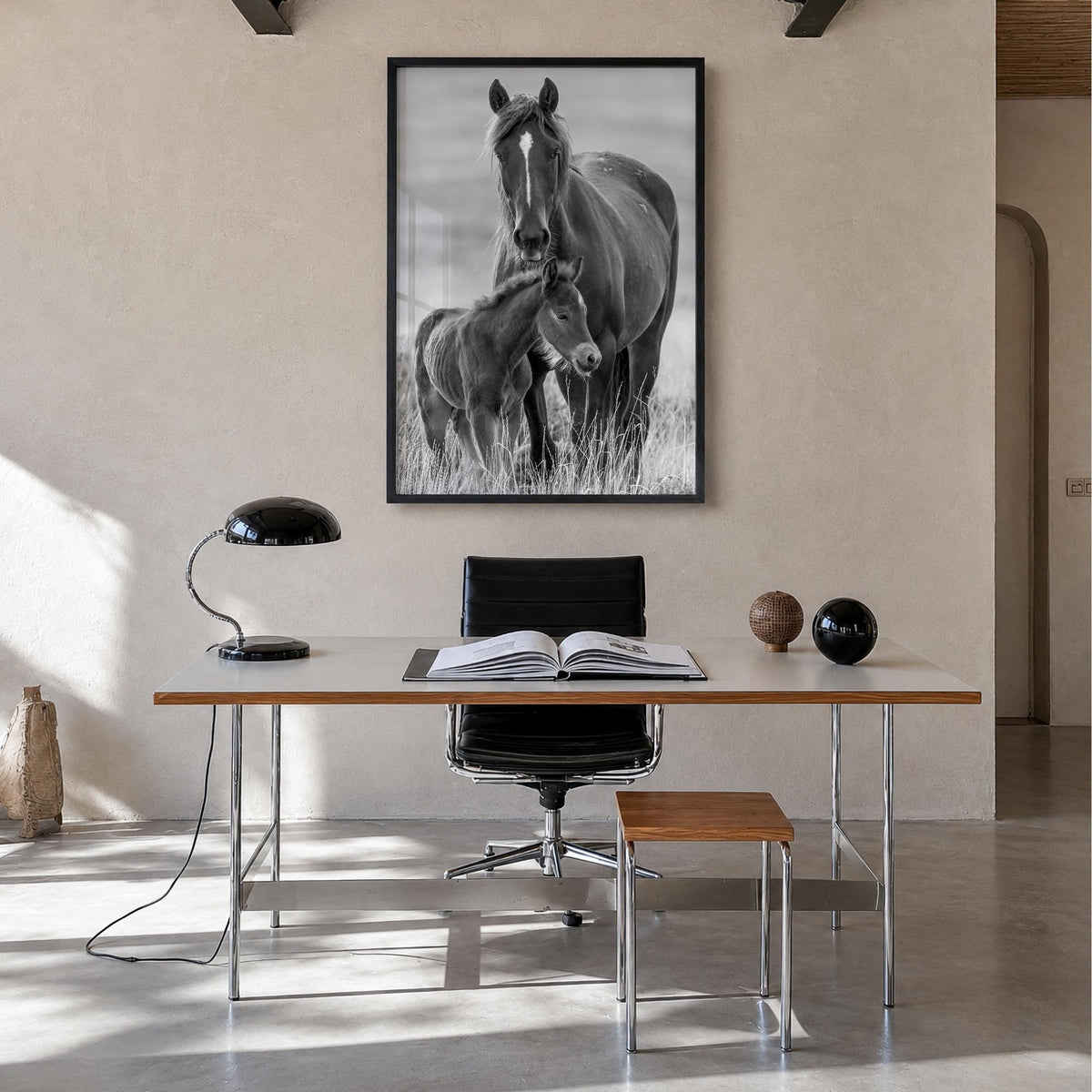 Horse no. 2 black & white photo poster – vertical wall art in black wood frame, hanging on wall