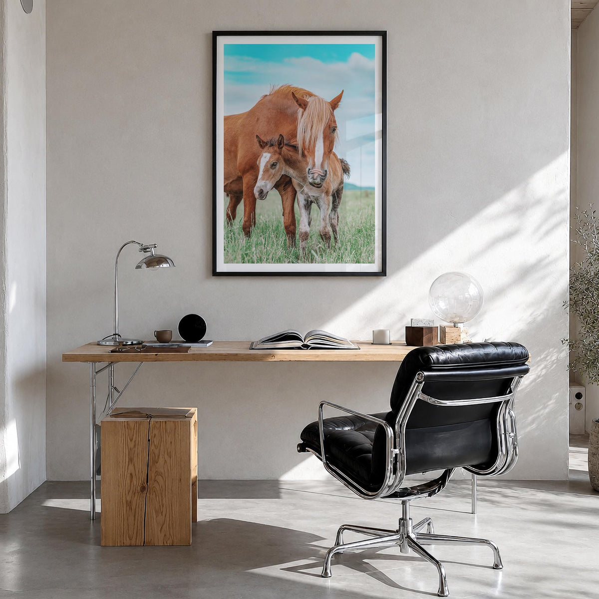 Horse no. 2 colorful photo poster – vertical wall art in black wood frame with white border, hanging on wall