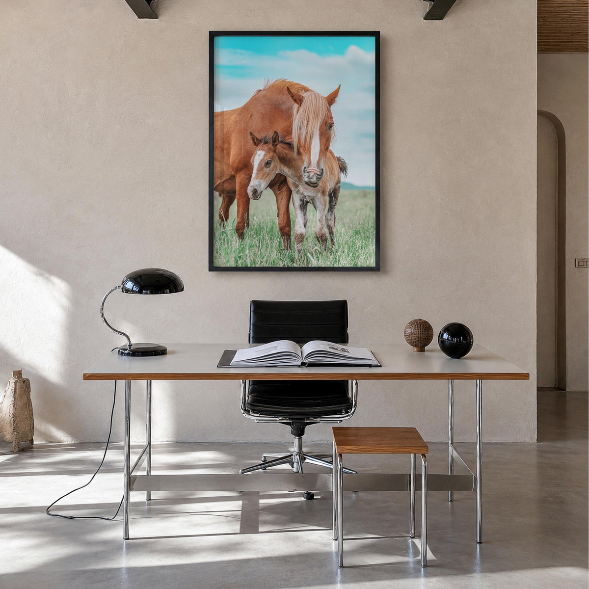 Horse no. 2 colorful photo poster – vertical wall art in black wood frame, hanging on wall