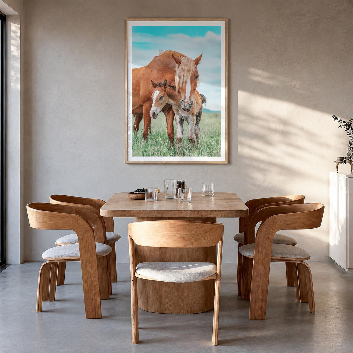 Horse no. 2 colorful photo poster – vertical wall art in natural wood frame with white border, hanging on wall