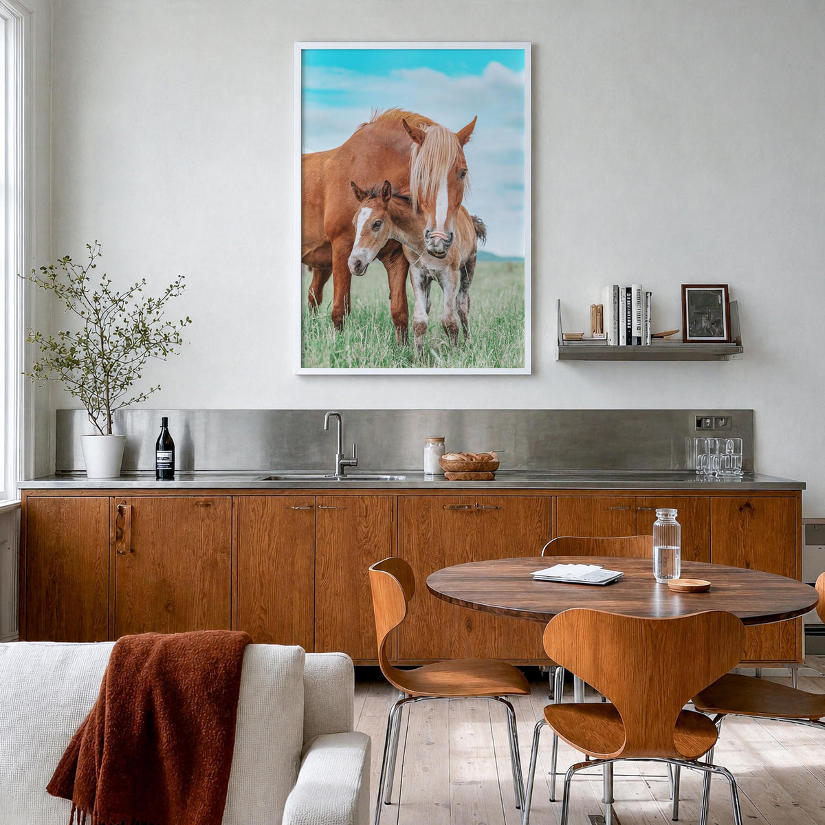Horse no. 2 colorful photo poster – vertical wall art in white wood frame, hanging on wall