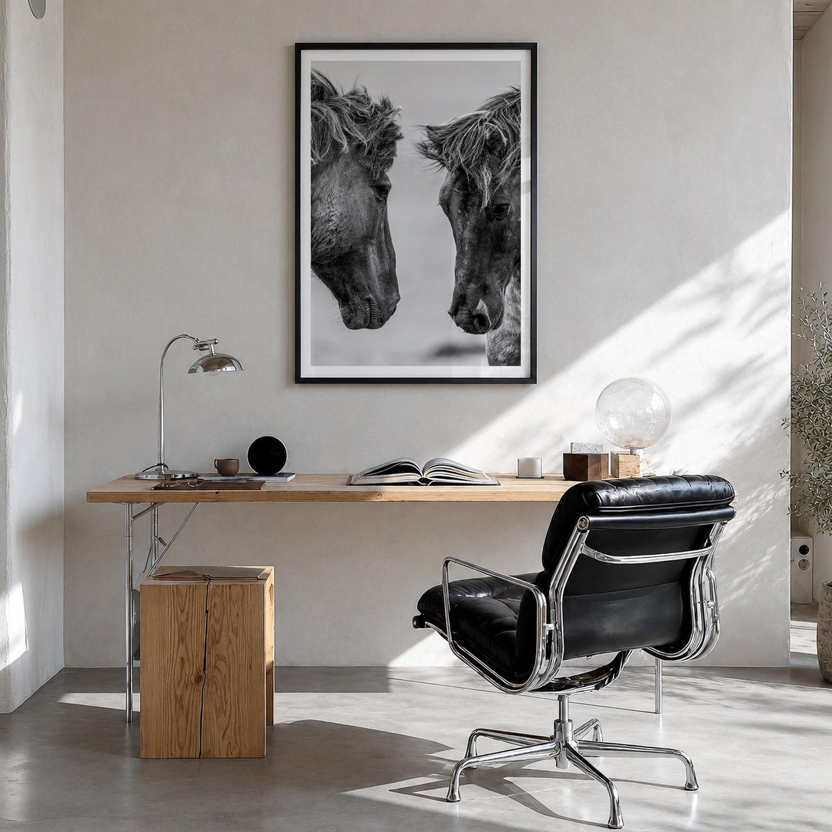 Horse no. 3 black & white photo poster – vertical wall art in black wood frame with white border, hanging on wall