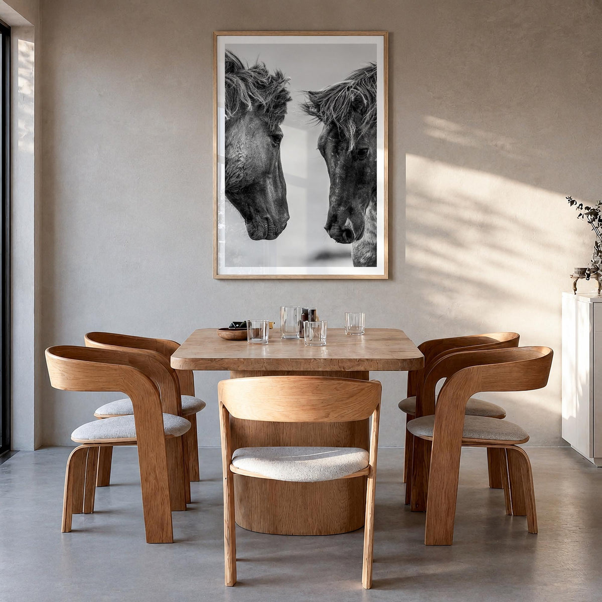 Horse no. 3 black & white photo poster – vertical wall art in natural wood frame with white border, hanging on wall