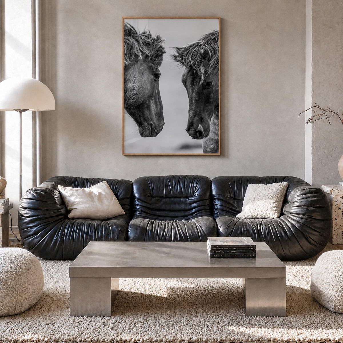 Horse no. 3 black & white photo poster – vertical wall art in natural wood frame, hanging on wall