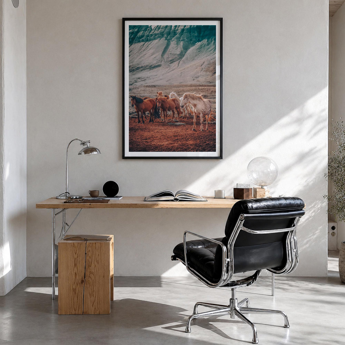 Horse no. 3 colorful photo poster – vertical wall art in black wood frame with white border, hanging on wall