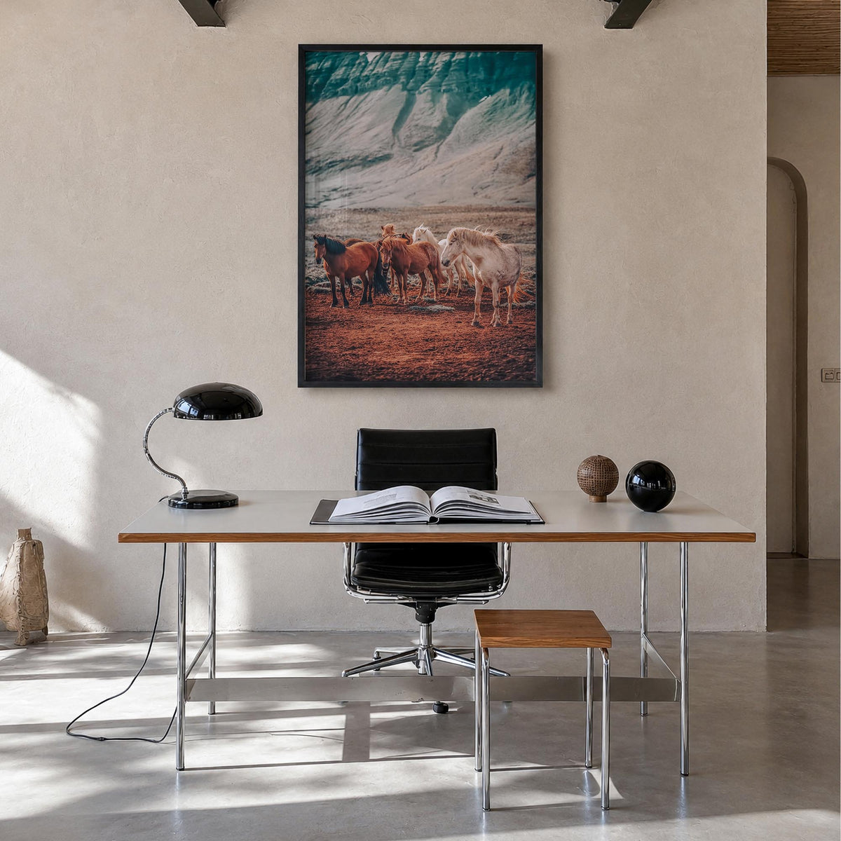 Horse no. 3 colorful photo poster – vertical wall art in black wood frame, hanging on wall