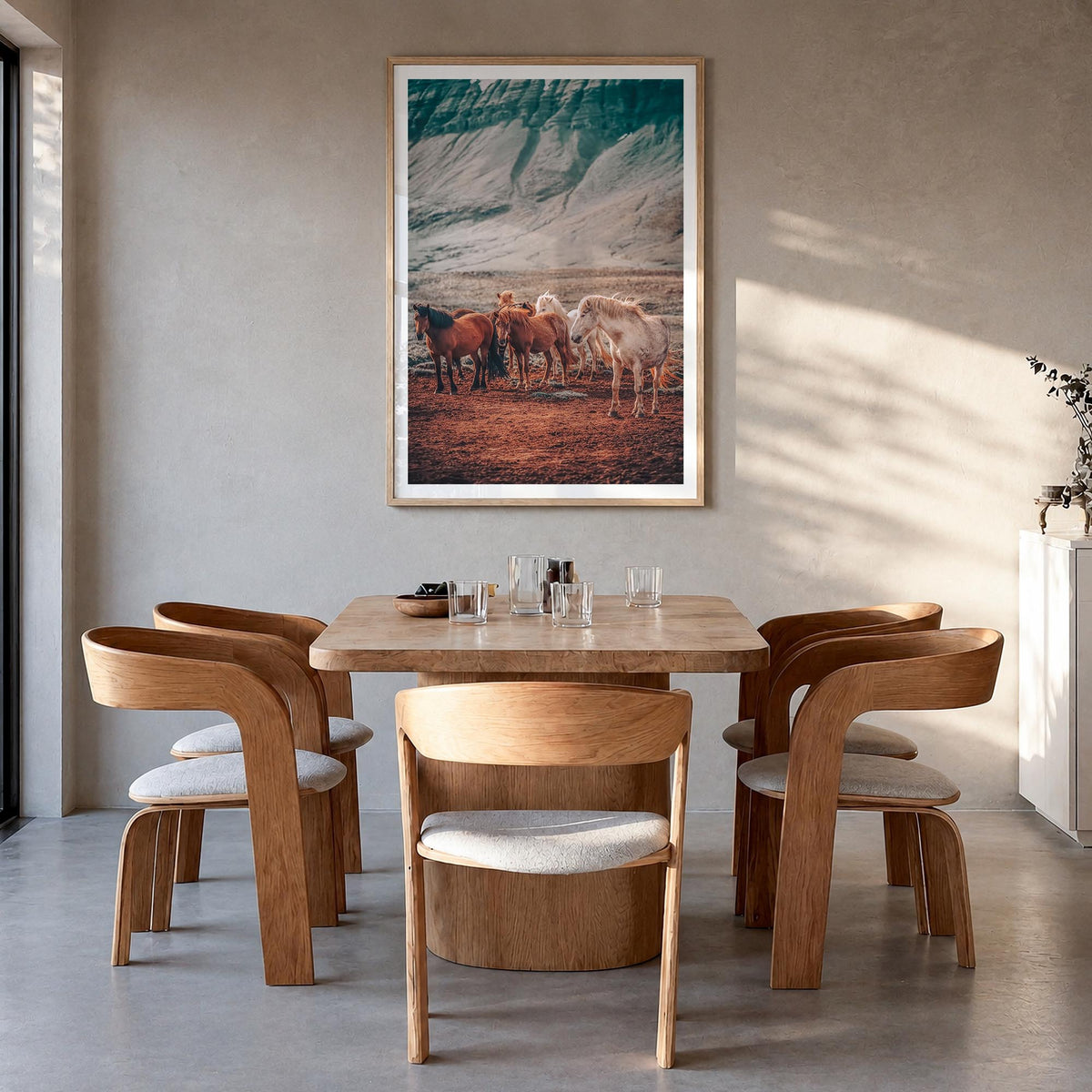 Horse no. 3 colorful photo poster – vertical wall art in natural wood frame with white border, hanging on wall