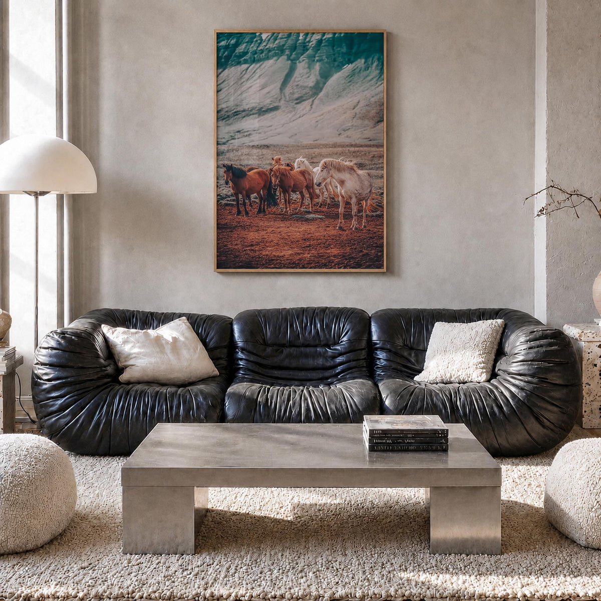 Horse no. 3 colorful photo poster – vertical wall art in natural wood frame, hanging on wall