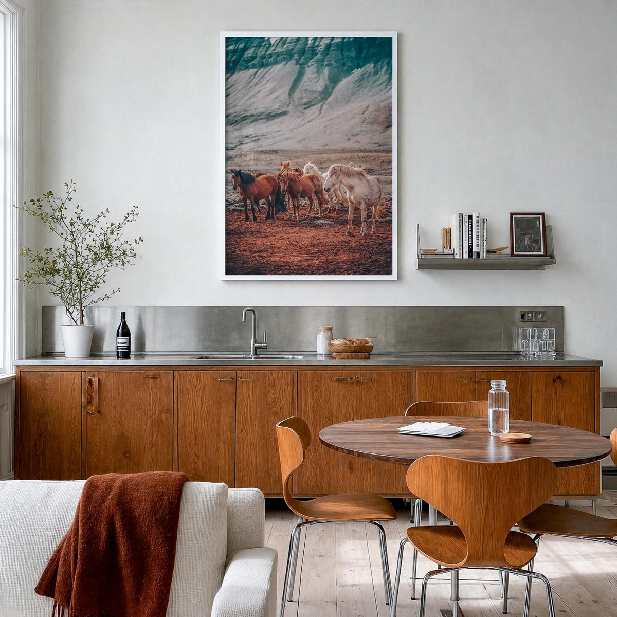 Horse no. 3 colorful photo poster – vertical wall art in white wood frame, hanging on wall