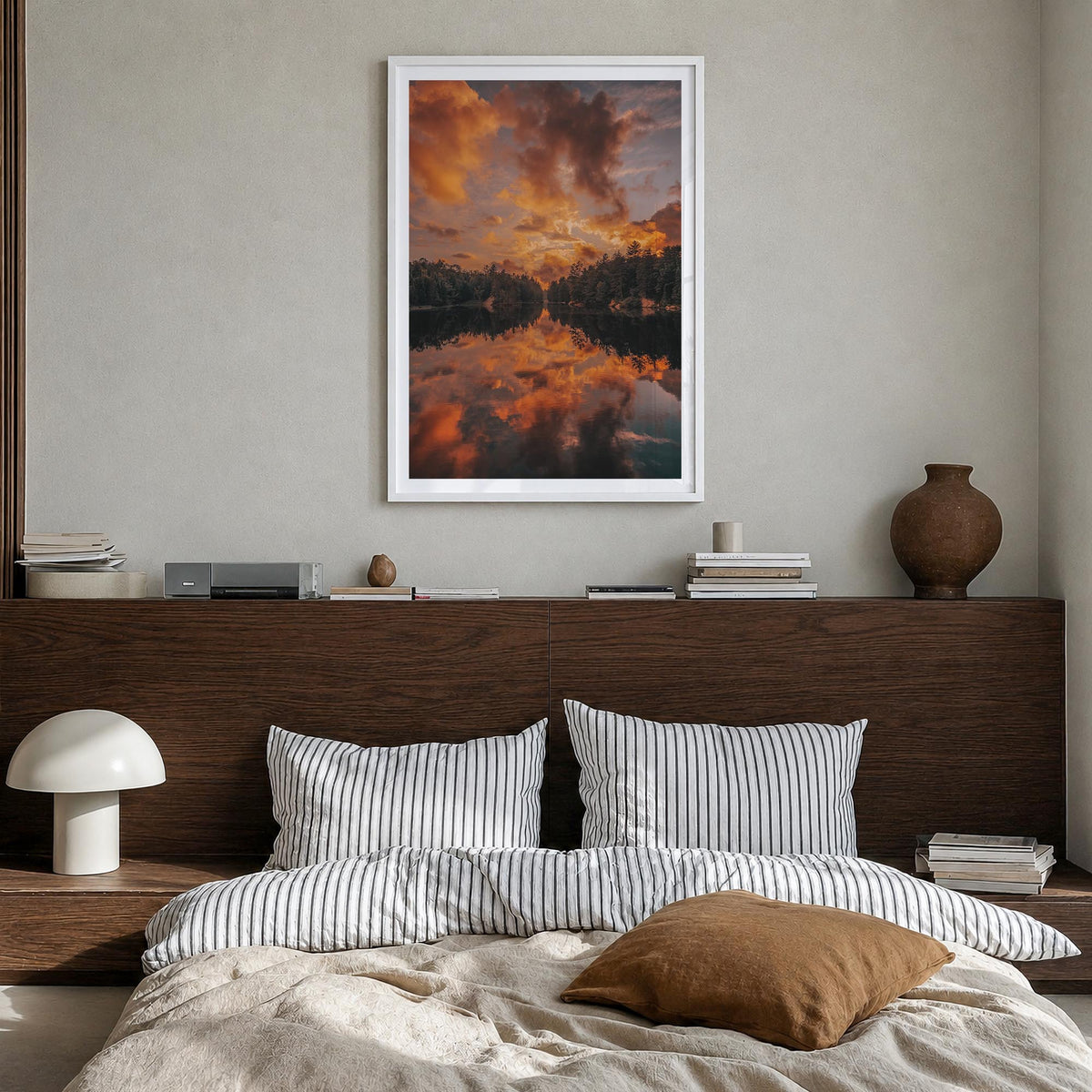 Horseshoe Lake colorful photo poster of California, USA – vertical wall art in white wood frame with white border, hanging on
