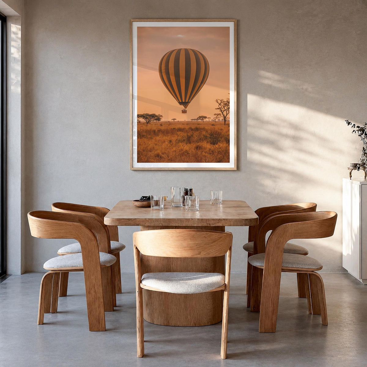 Hot Air Balloon no. 1 colorful photo poster – vertical wall art in natural wood frame with white border, hanging on wall