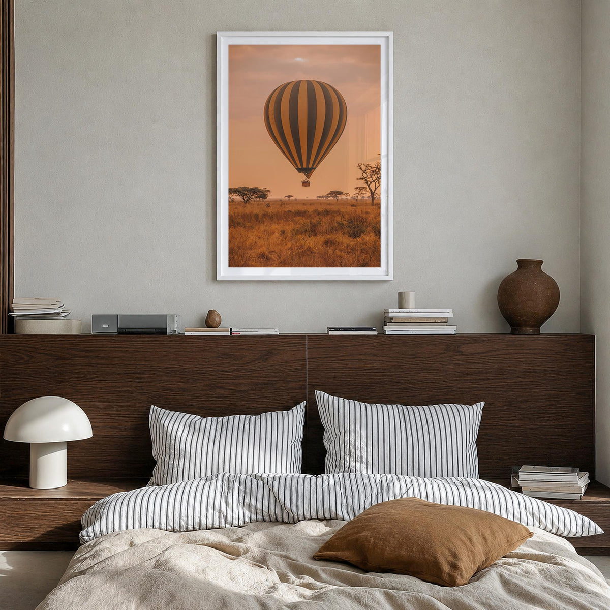 Hot Air Balloon no. 1 colorful photo poster – vertical wall art in white wood frame with white border, hanging on wall