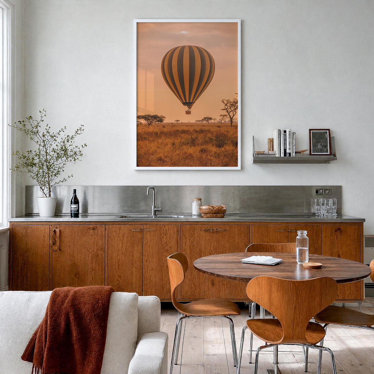 Hot Air Balloon no. 1 colorful photo poster – vertical wall art in white wood frame, hanging on wall