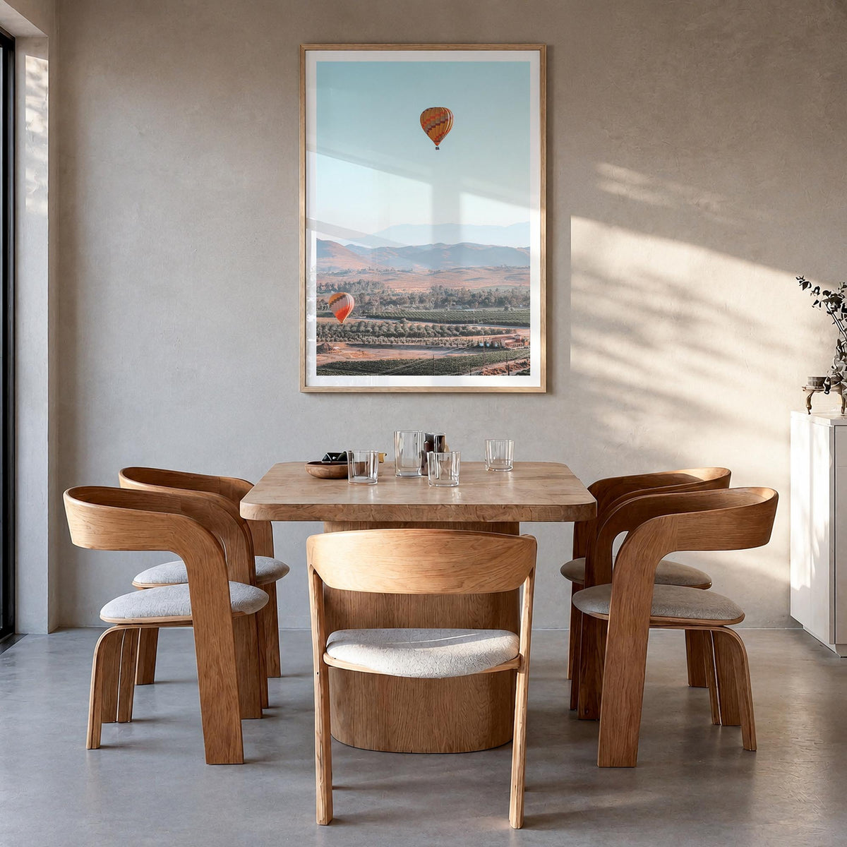 Hot Air Balloon no. 2 colorful photo poster – vertical wall art in natural wood frame with white border, hanging on wall