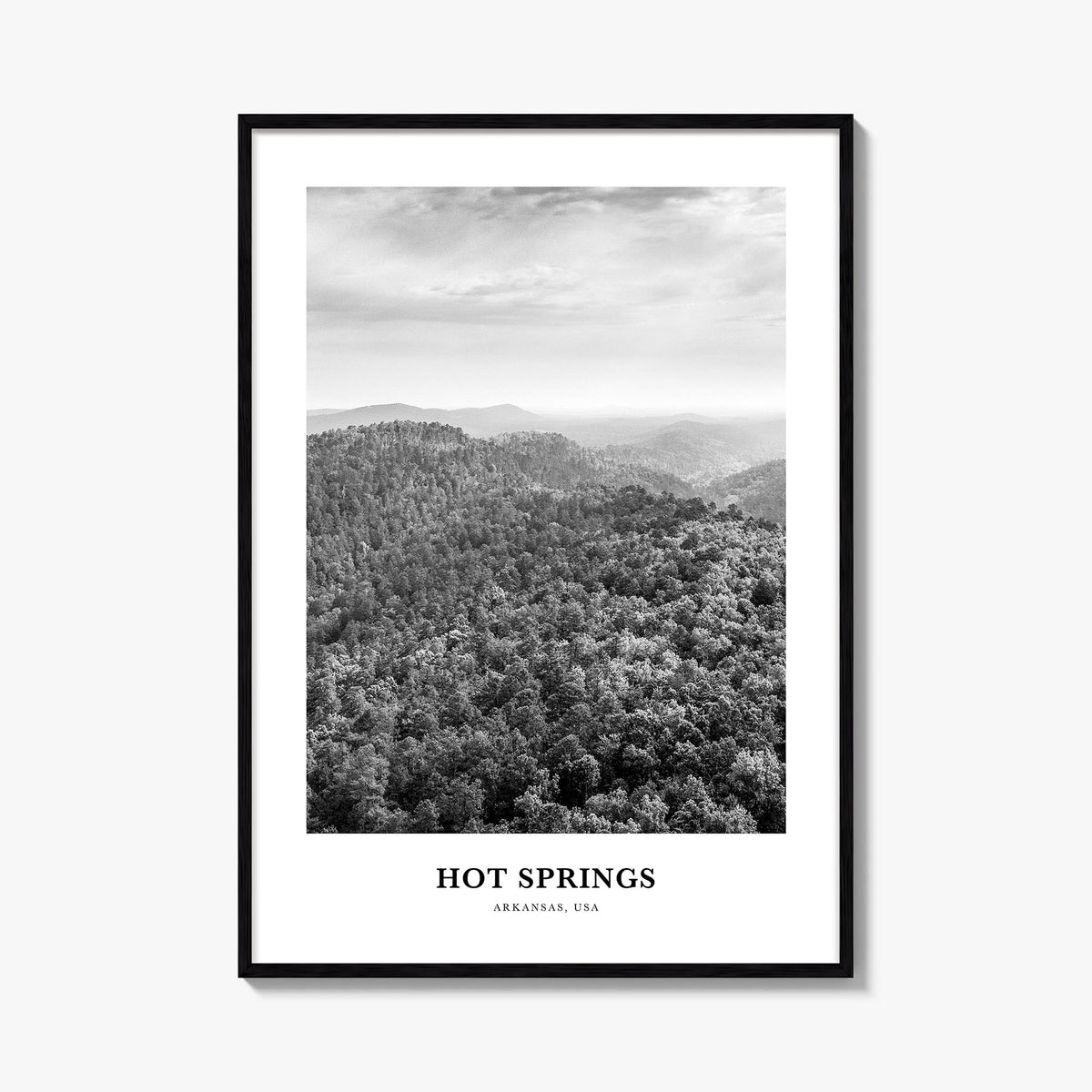 Hot Springs black & white classic poster of Arkansas, USA – vertical wall art, unframed print shown in interior mockup