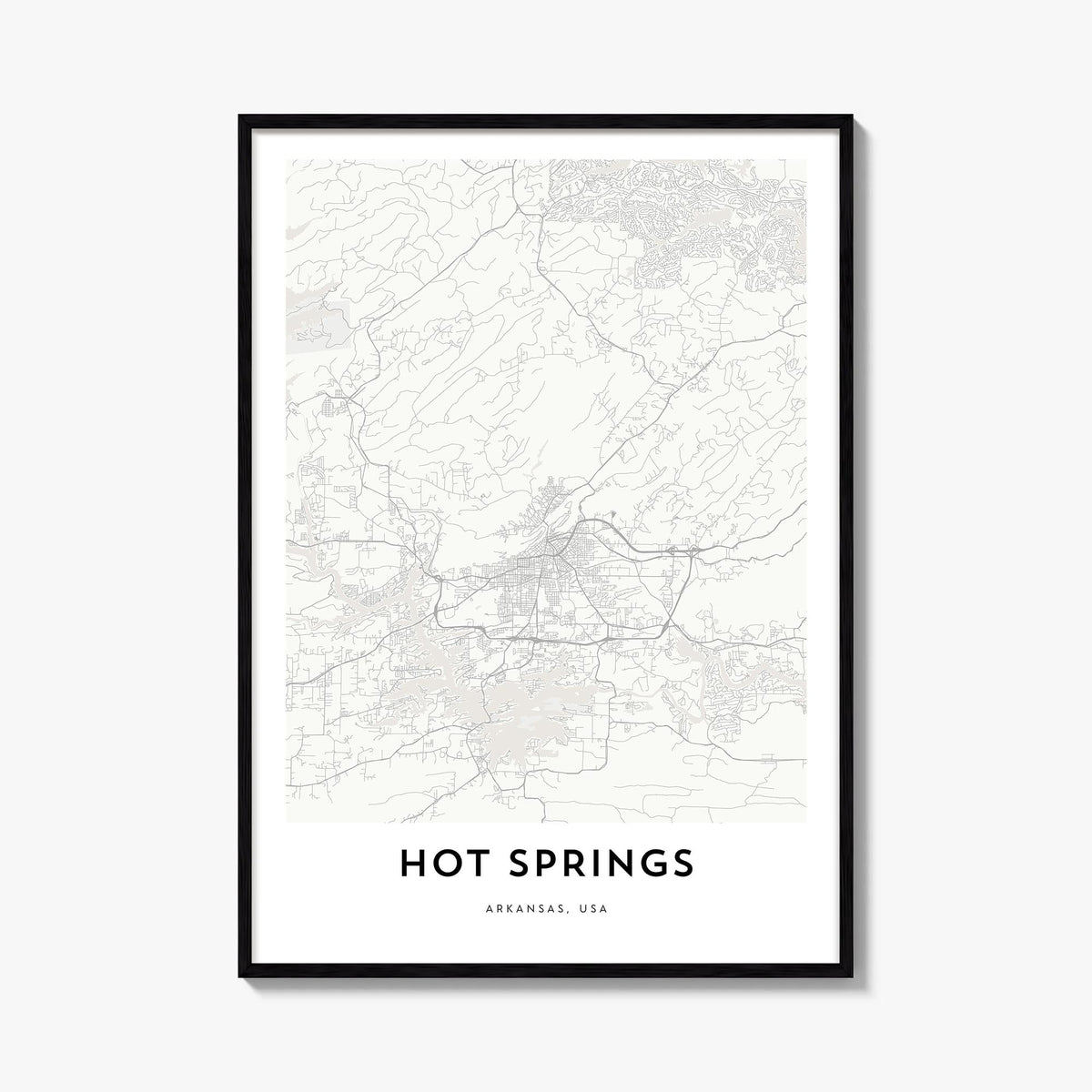 Hot Springs black & white map poster of Arkansas, USA – vertical wall art, unframed print shown in interior mockup