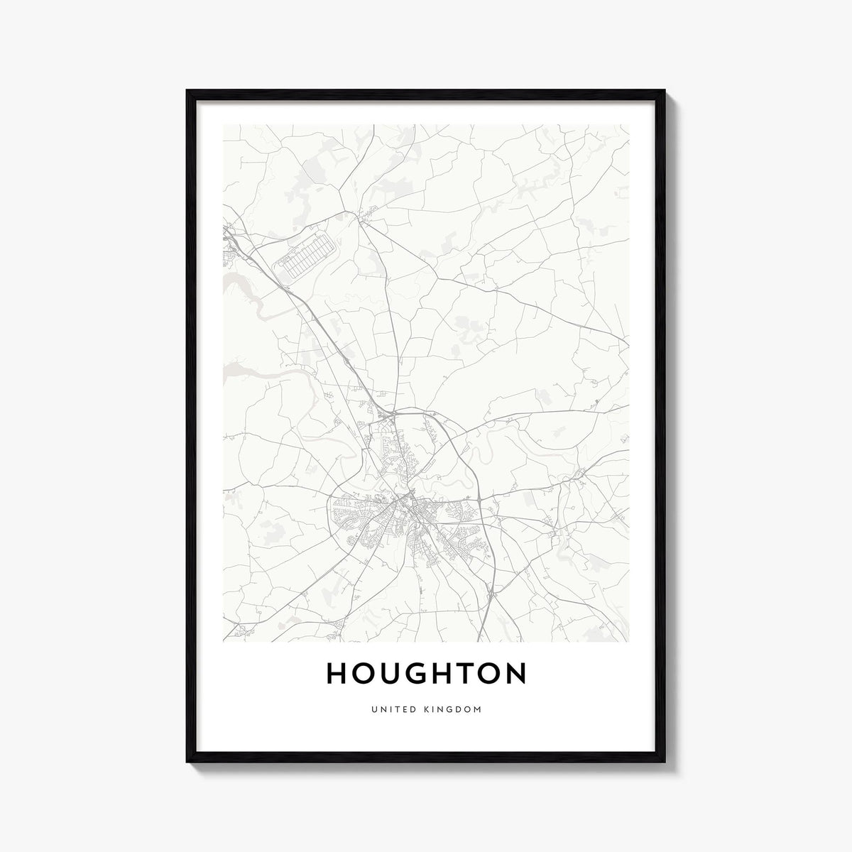 Houghton black & white map poster of Michigan, USA – vertical wall art, unframed print shown in interior mockup