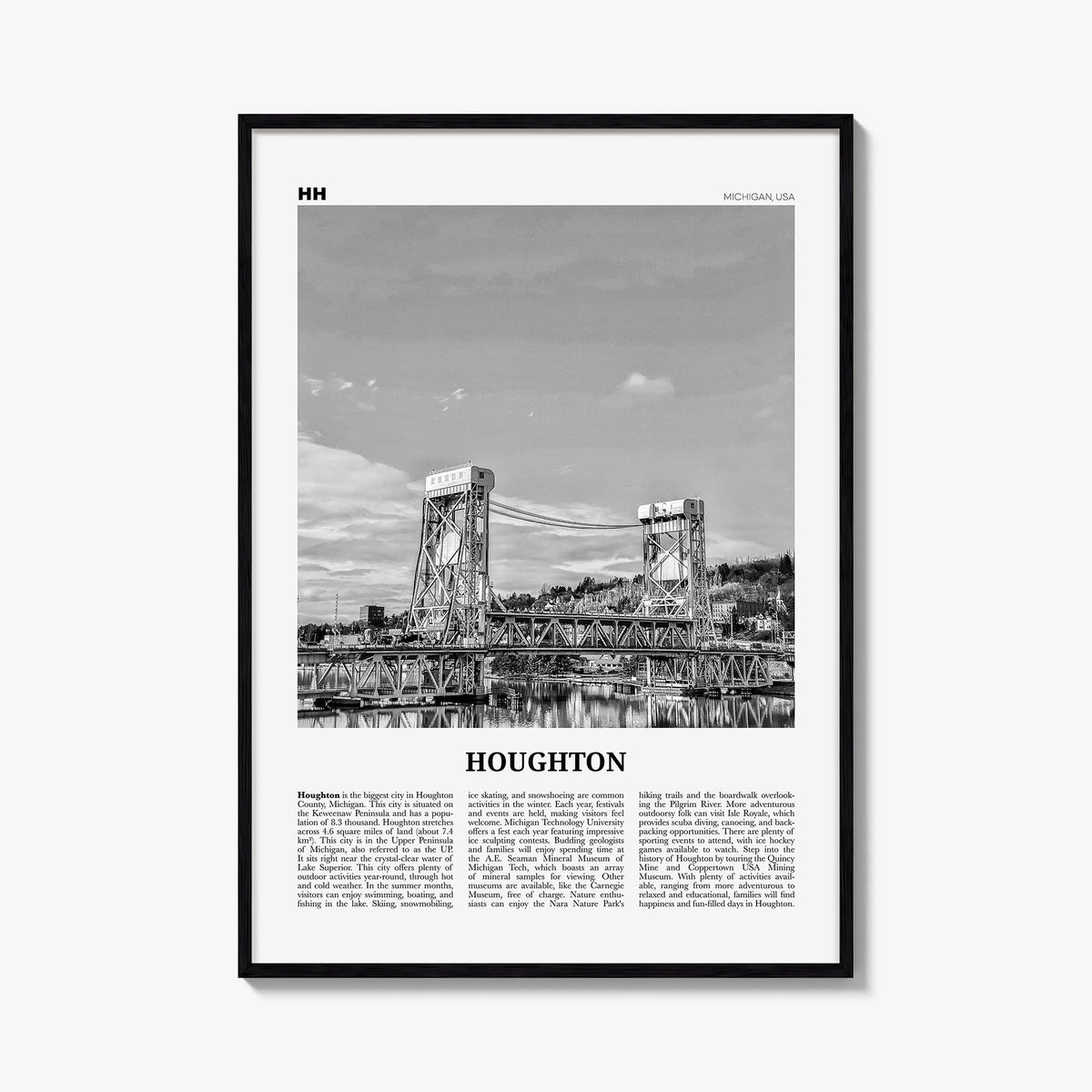 Houghton black & white newspaper poster of Michigan, USA – vertical wall art, unframed print shown in interior mockup