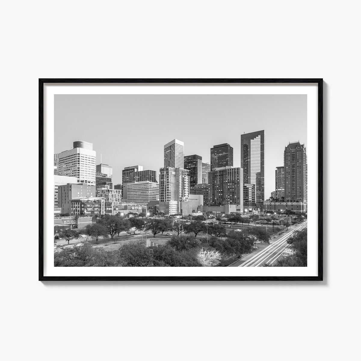 Houston black & white photo poster of Texas, USA – horizontal wall art, unframed print shown in interior mockup