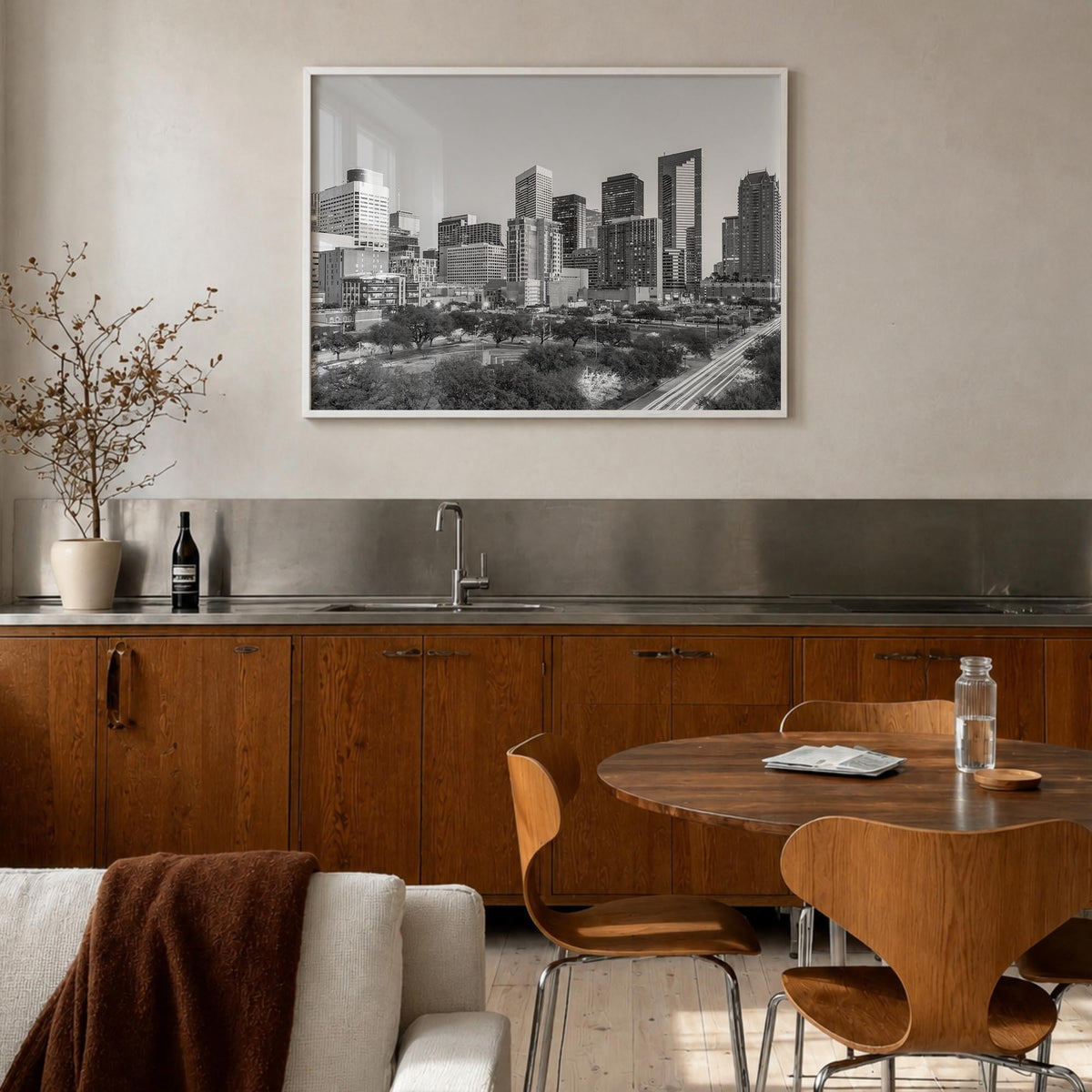 Houston black & white photo poster of Texas, USA – horizontal wall art in white wood frame, hanging on wall