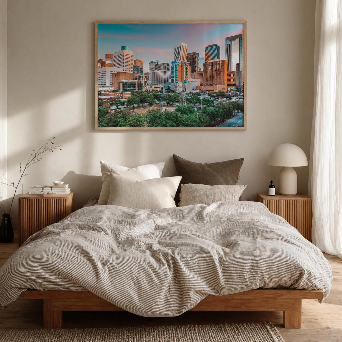 Houston colorful photo poster of Texas, USA – horizontal wall art in natural wood frame, hanging on wall