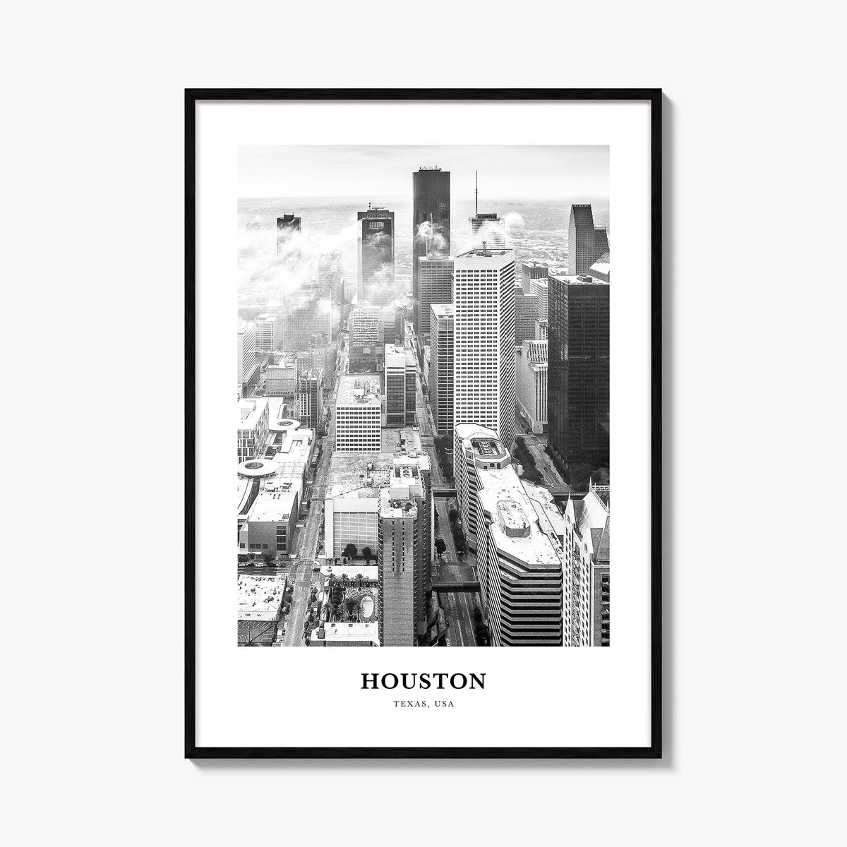 Houston no. 1 black & white classic poster of Texas, USA – vertical wall art, unframed print shown in interior mockup