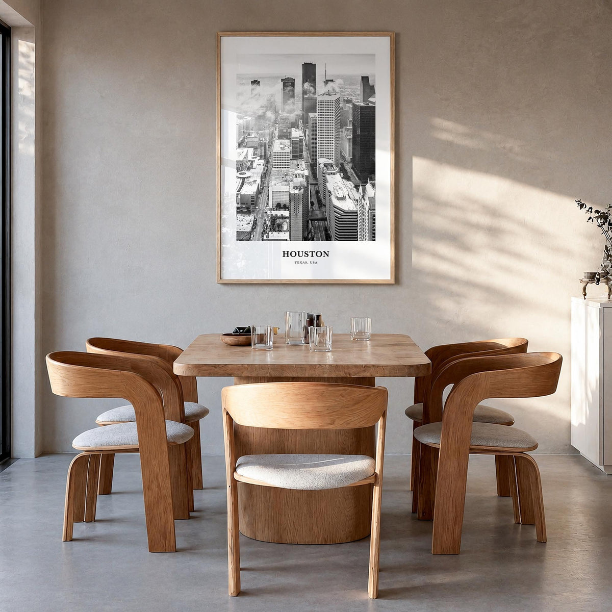 Houston no. 1 black & white classic poster of Texas, USA – vertical wall art in natural wood frame, hanging on wall