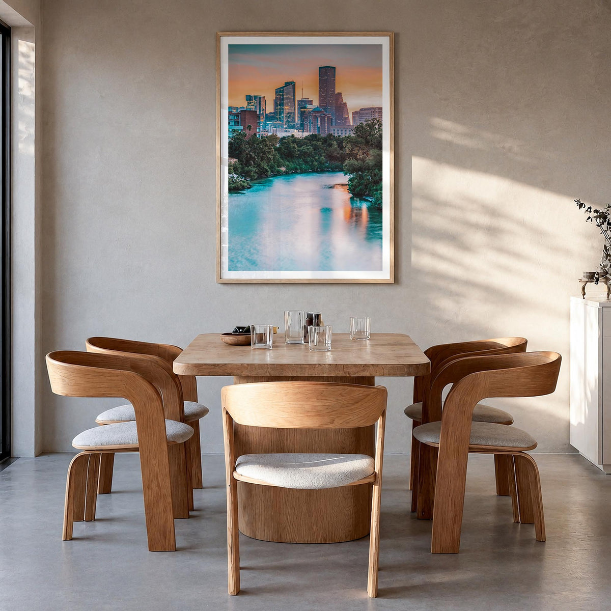 Houston no. 1 colorful photo poster of Texas, USA – vertical wall art in natural wood frame with white border, hanging on wal
