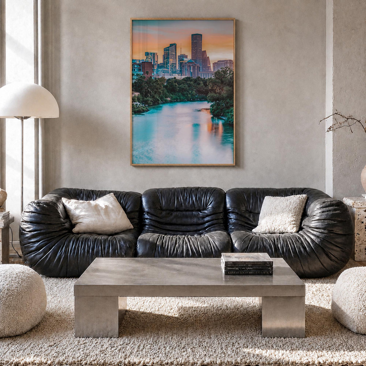 Houston no. 1 colorful photo poster of Texas, USA – vertical wall art in natural wood frame, hanging on wall