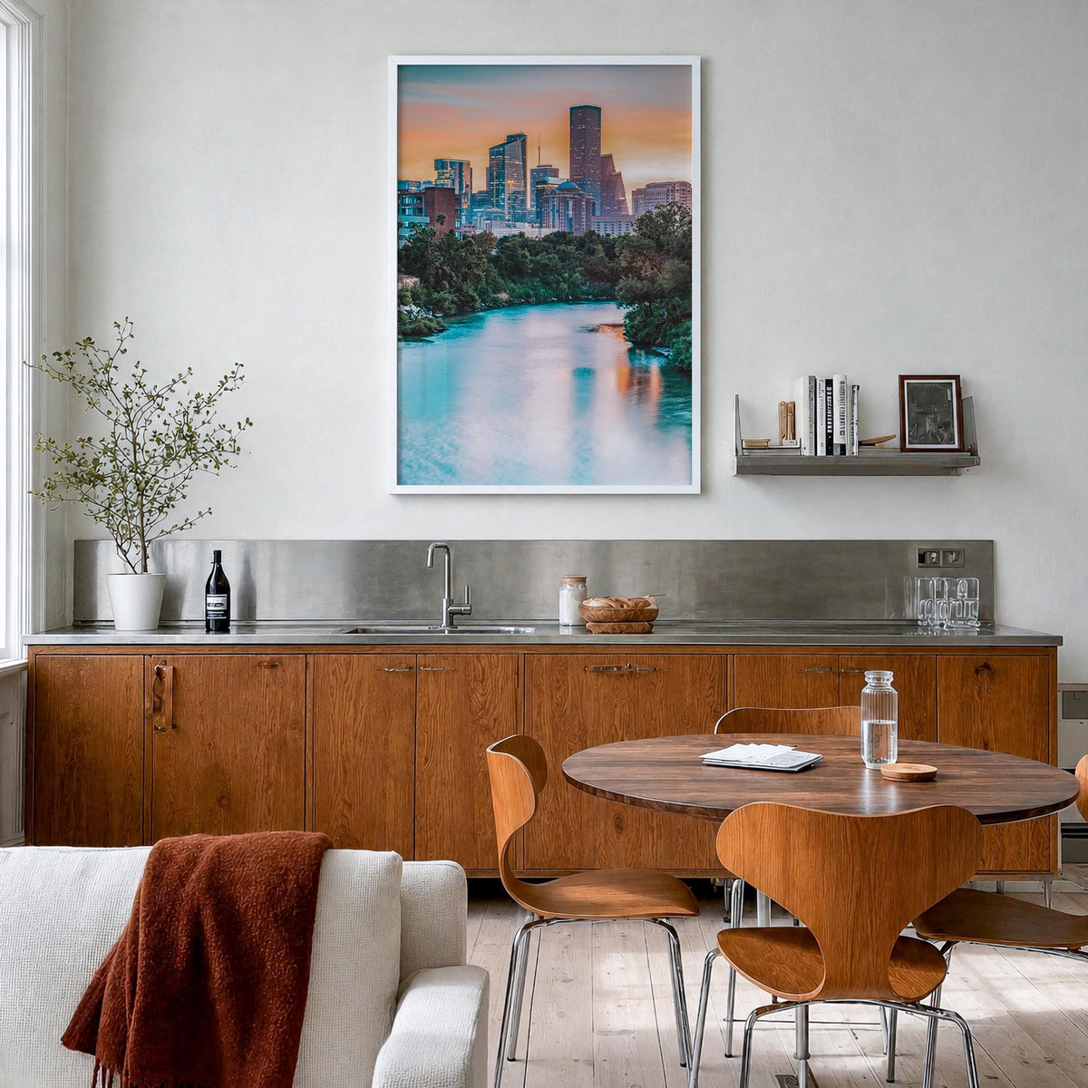 Houston no. 1 colorful photo poster of Texas, USA – vertical wall art in white wood frame, hanging on wall