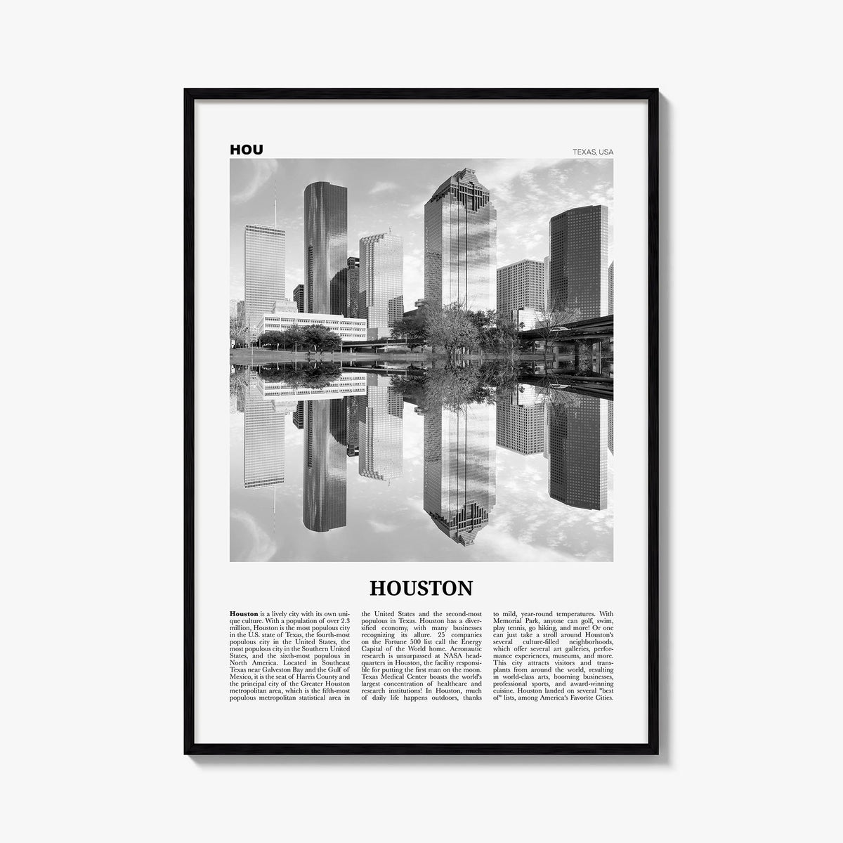 Houston no. 2 black & white newspaper poster of Texas, USA – vertical wall art, unframed print shown in interior mockup