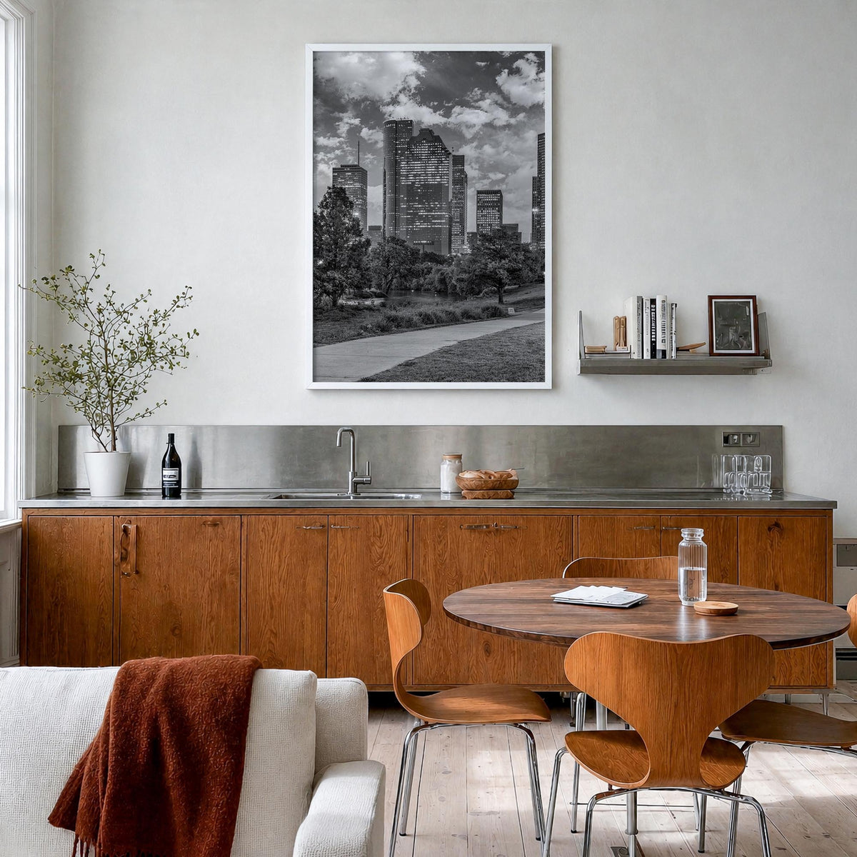 Houston no. 2 black & white photo poster of Texas, USA – vertical wall art in white wood frame, hanging on wall
