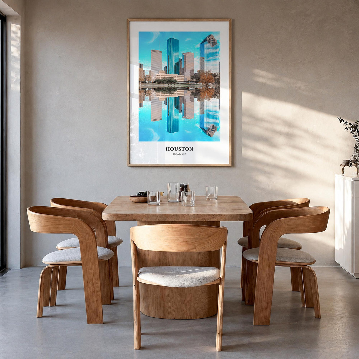 Houston no. 2 colorful classic poster of Texas, USA – vertical wall art in natural wood frame, hanging on wall