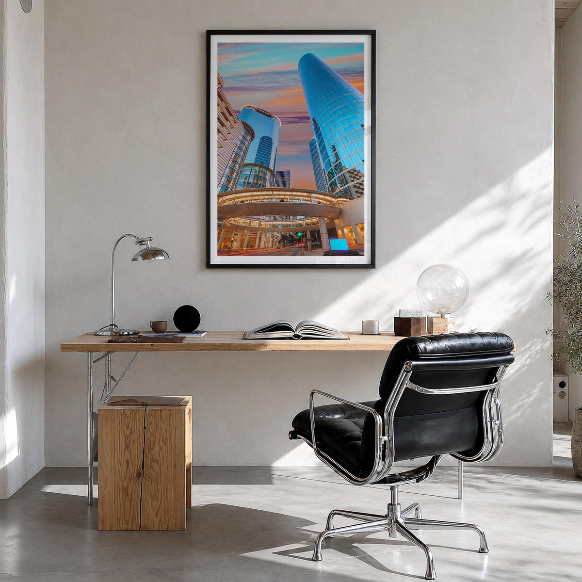Houston no. 2 colorful photo poster of Texas, USA – vertical wall art in black wood frame with white border, hanging on wall