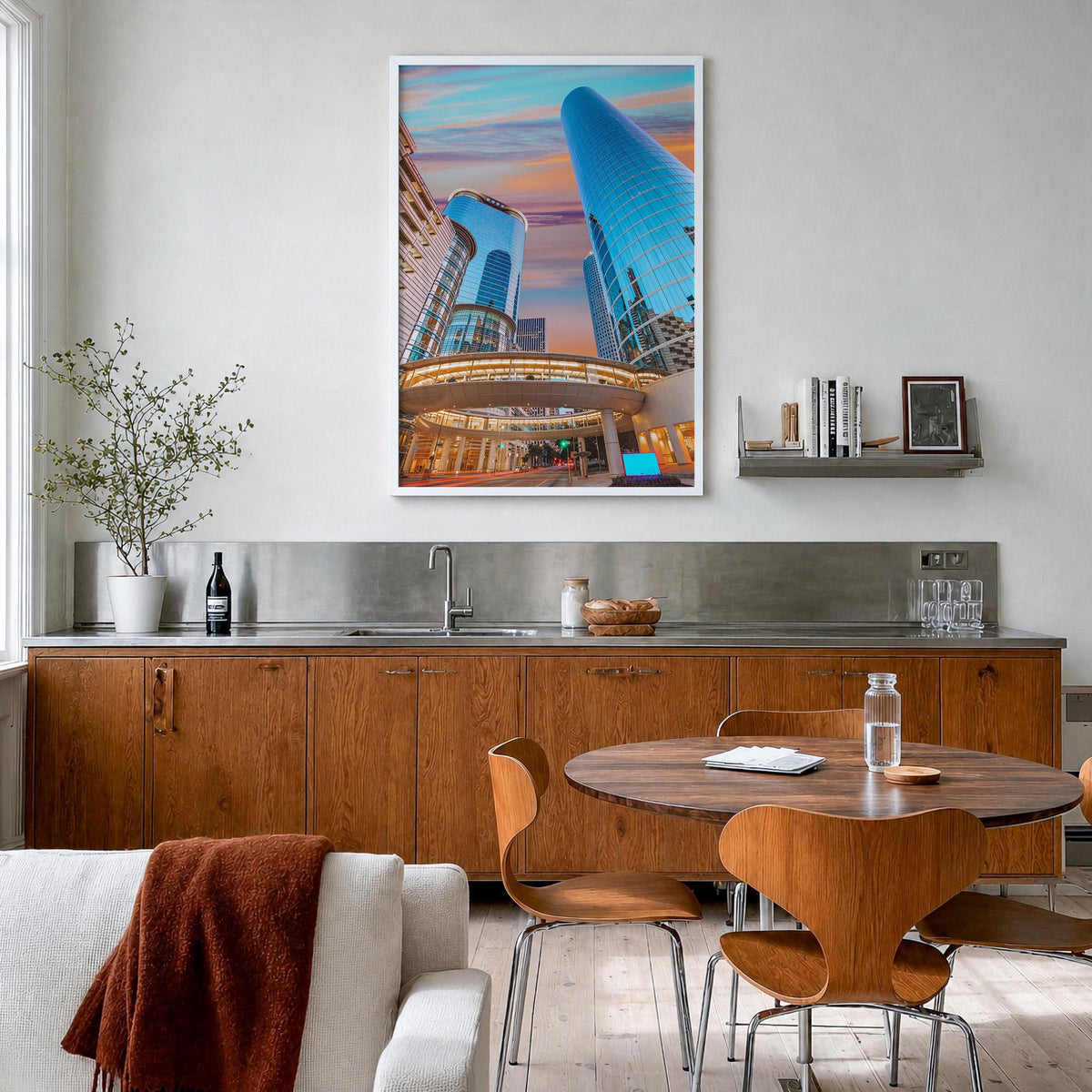 Houston no. 2 colorful photo poster of Texas, USA – vertical wall art in white wood frame, hanging on wall