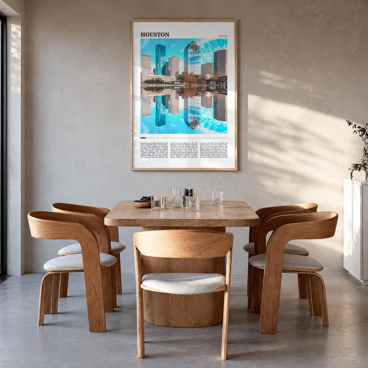 Houston no. 2 colorful travel poster of Texas, USA – vertical wall art in natural wood frame, hanging on wall