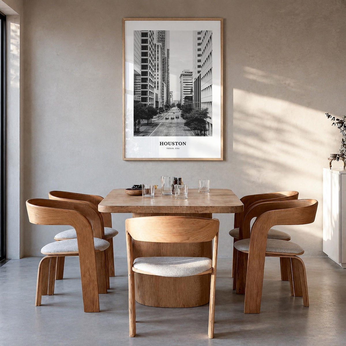 Houston no. 3 black & white classic poster of Texas, USA – vertical wall art in natural wood frame, hanging on wall
