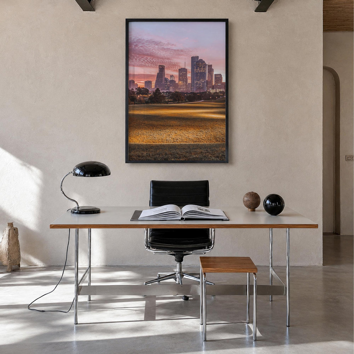 Houston no. 3 colorful photo poster of Texas, USA – vertical wall art in black wood frame, hanging on wall