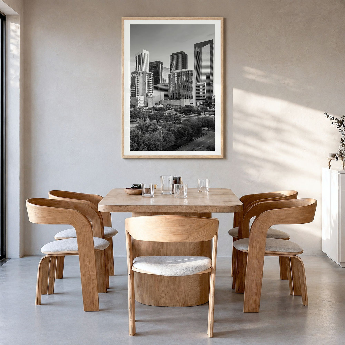 Houston Photo No 1 Poster in a natural wood frame, hanging in a dining room, white border