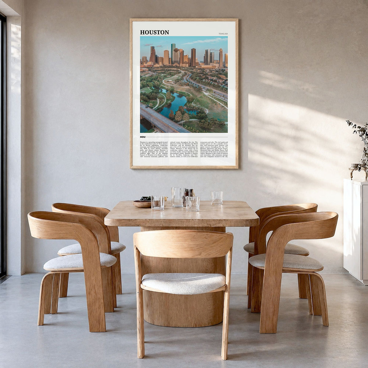 Houston Travel No 1 Poster in a natural wood frame, hanging in a dining room